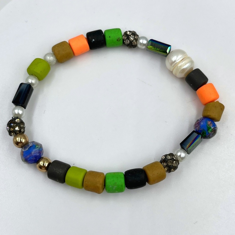 Vintage Multicolor Mixed‎ Bead Bracelet w/ Freshwater Pearl & Rhinestone Accents